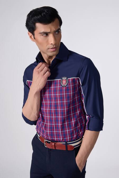 Buy_S&N By Shantnu Nikhil_Blue Lycra, Viscose, Terrycloth Embroidery Placed Logo Checkered Shirt _Online_at_Aza_Fashions