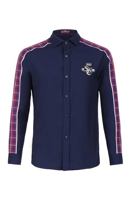 S&N By Shantnu Nikhil Blue Lycra, Viscose, Terrycloth Embroidery Checkered Plaid Paneled Shirt Online at Aza Fashions S&N By Shantnu Nikhil_Blue Lycra, Viscose, Terrycloth Embroidery Checkered Plaid Paneled Shirt_Online_at_Aza_Fashions