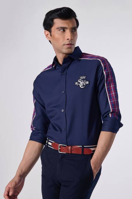 Buy S&N By Shantnu Nikhil Blue Lycra, Viscose, Terrycloth Embroidery Checkered Plaid Paneled Shirt Online at Aza Fashions Buy_S&N By Shantnu Nikhil_Blue Lycra, Viscose, Terrycloth Embroidery Checkered Plaid Paneled Shirt_Online_at_Aza_Fashions
