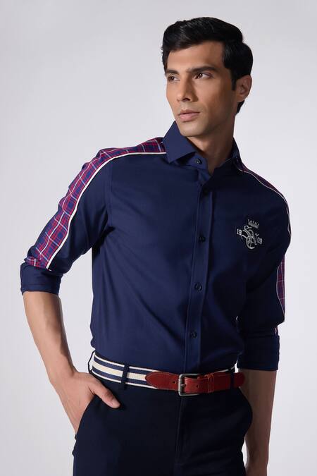 Shop S&N By Shantnu Nikhil Blue Lycra, Viscose, Terrycloth Embroidery Checkered Plaid Paneled Shirt Online at Aza Fashions Shop_S&N By Shantnu Nikhil_Blue Lycra, Viscose, Terrycloth Embroidery Checkered Plaid Paneled Shirt_Online_at_Aza_Fashions