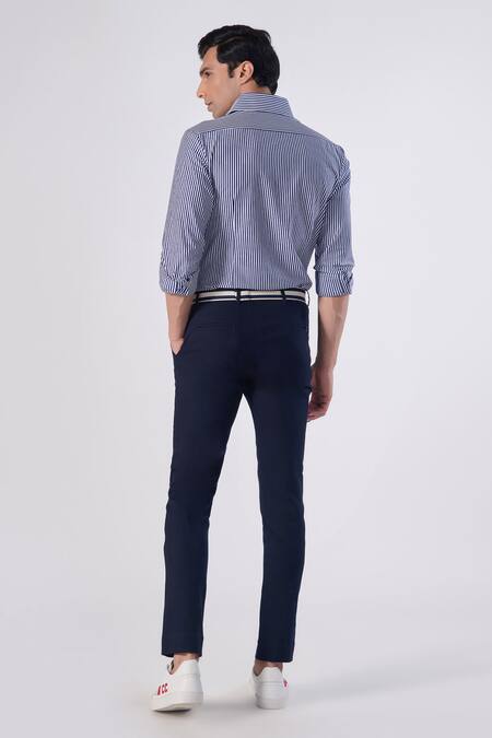 Shop S&N By Shantnu Nikhil Blue Lycra, Viscose Embroidery Patch Logo Striped Shirt at Aza Fashions Shop_S&N By Shantnu Nikhil_Blue Lycra, Viscose Embroidery Patch Logo Striped Shirt_at_Aza_Fashions