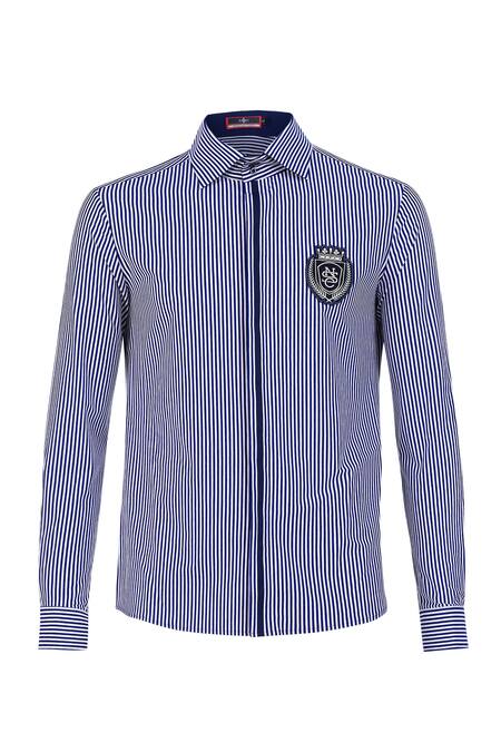 S&N By Shantnu Nikhil Blue Lycra, Viscose Embroidery Patch Logo Striped Shirt Online at Aza Fashions S&N By Shantnu Nikhil_Blue Lycra, Viscose Embroidery Patch Logo Striped Shirt_Online_at_Aza_Fashions