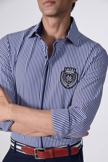 Buy S&N By Shantnu Nikhil Blue Lycra, Viscose Embroidery Patch Logo Striped Shirt Online at Aza Fashions Buy_S&N By Shantnu Nikhil_Blue Lycra, Viscose Embroidery Patch Logo Striped Shirt_Online_at_Aza_Fashions