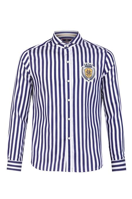 S&N By Shantnu Nikhil_Blue Cotton, Polyester Embroidery Patch Logo Striped Pattern Shirt_Online_at_Aza_Fashions