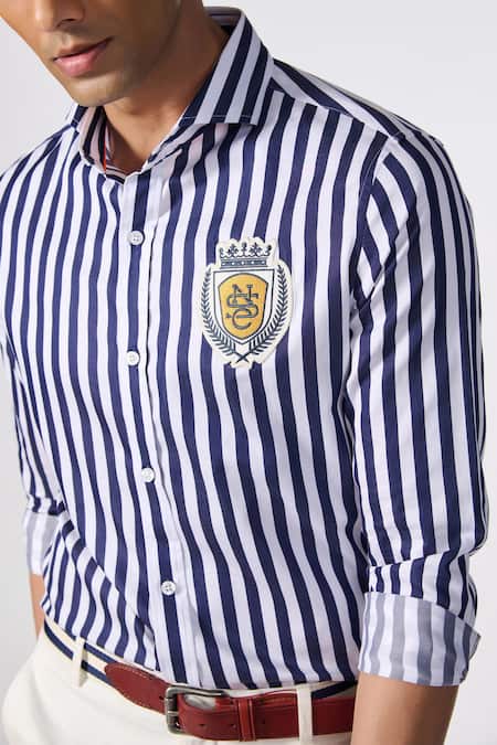Buy_S&N By Shantnu Nikhil_Blue Cotton, Polyester Embroidery Patch Logo Striped Pattern Shirt_Online_at_Aza_Fashions