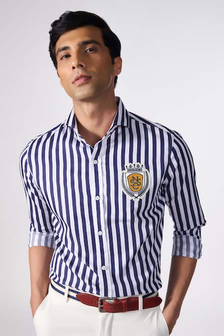 Shop_S&N By Shantnu Nikhil_Blue Cotton, Polyester Embroidery Patch Logo Striped Pattern Shirt_Online_at_Aza_Fashions