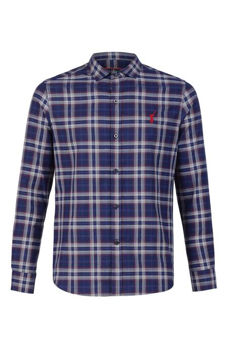 S&N By Shantnu Nikhil Blue Cotton, Polyester Chequered Print Shirt Online at Aza Fashions S&N By Shantnu Nikhil_Blue Cotton, Polyester Chequered Print Shirt_Online_at_Aza_Fashions