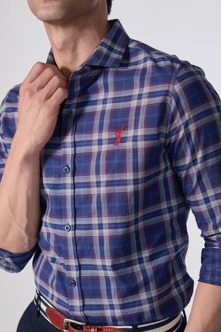 Buy S&N By Shantnu Nikhil Blue Cotton, Polyester Chequered Print Shirt Online at Aza Fashions Buy_S&N By Shantnu Nikhil_Blue Cotton, Polyester Chequered Print Shirt_Online_at_Aza_Fashions