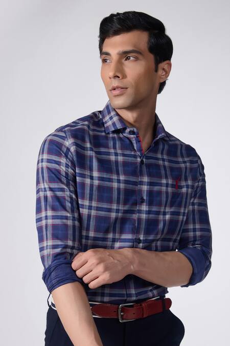 Shop S&N By Shantnu Nikhil Blue Cotton, Polyester Chequered Print Shirt Online at Aza Fashions Shop_S&N By Shantnu Nikhil_Blue Cotton, Polyester Chequered Print Shirt_Online_at_Aza_Fashions