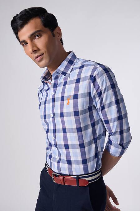 Buy_S&N By Shantnu Nikhil_Blue Cotton Chequered Print Shirt _Online_at_Aza_Fashions