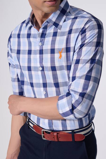 Shop_S&N By Shantnu Nikhil_Blue Cotton Chequered Print Shirt _Online_at_Aza_Fashions