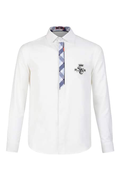 S&N By Shantnu Nikhil_Off White Embroidery Plaid Placket Shirt_Online_at_Aza_Fashions