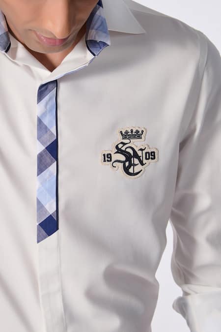 Buy_S&N By Shantnu Nikhil_Off White Embroidery Plaid Placket Shirt_Online_at_Aza_Fashions