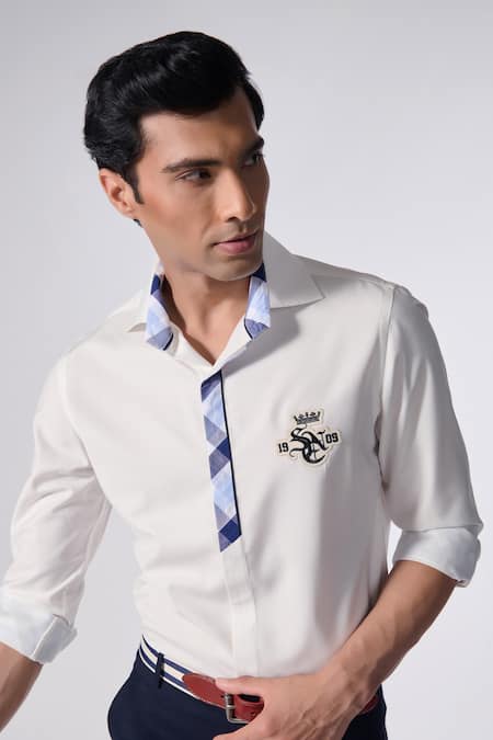Shop_S&N By Shantnu Nikhil_Off White Embroidery Plaid Placket Shirt_Online_at_Aza_Fashions