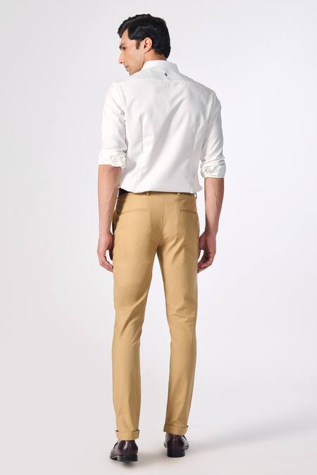 Shop_S&N By Shantnu Nikhil_Beige Lycra, Terrycloth Straight Fit Plain Trousers _at_Aza_Fashions