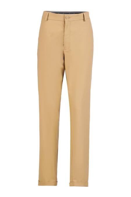 S&N By Shantnu Nikhil_Beige Lycra, Terrycloth Straight Fit Plain Trousers _Online_at_Aza_Fashions