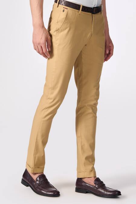 Buy_S&N By Shantnu Nikhil_Beige Lycra, Terrycloth Straight Fit Plain Trousers _Online_at_Aza_Fashions