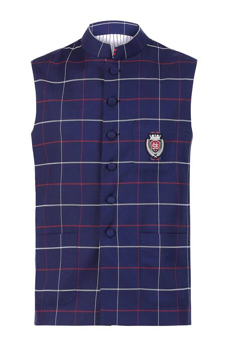 S&N By Shantnu Nikhil_Blue Cotton Embroidery Chequered Print Waistcoat_Online_at_Aza_Fashions