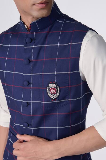 Buy_S&N By Shantnu Nikhil_Blue Cotton Embroidery Chequered Print Waistcoat_Online_at_Aza_Fashions