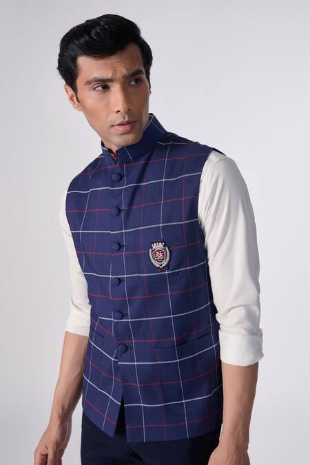 Shop_S&N By Shantnu Nikhil_Blue Cotton Embroidery Chequered Print Waistcoat_Online_at_Aza_Fashions