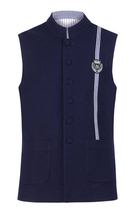 S&N By Shantnu Nikhil_Blue Cotton, Polyester Placement Stripe Print Waistcoat_Online_at_Aza_Fashions