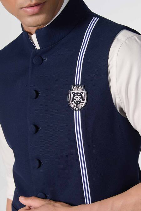 Buy_S&N By Shantnu Nikhil_Blue Cotton, Polyester Placement Stripe Print Waistcoat_Online_at_Aza_Fashions
