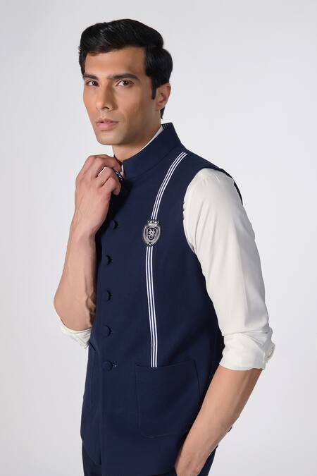 Shop_S&N By Shantnu Nikhil_Blue Cotton, Polyester Placement Stripe Print Waistcoat_Online_at_Aza_Fashions