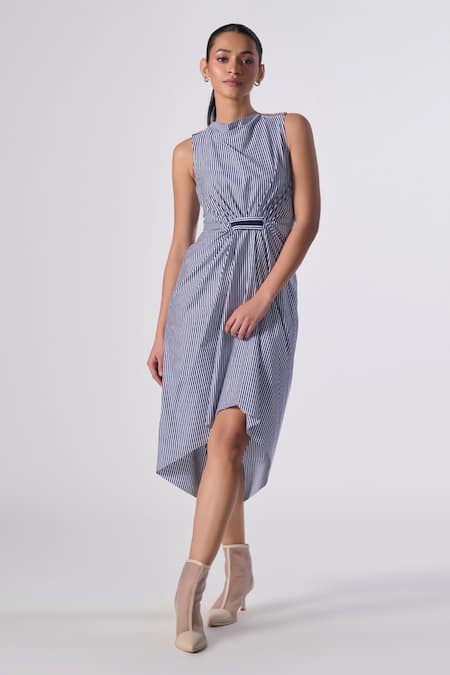 S&N by Shantnu Nikhil Blue Poly Blend Print Stripe Round Collar Asymmetric Hem Dress