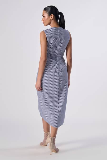 Shop S&N By Shantnu Nikhil Blue Polyester Round Neck Asymmetric Hem Stripe Print Dress at Aza Fashions Shop_S&N By Shantnu Nikhil_Blue Polyester Round Neck Asymmetric Hem Stripe Print Dress_at_Aza_Fashions