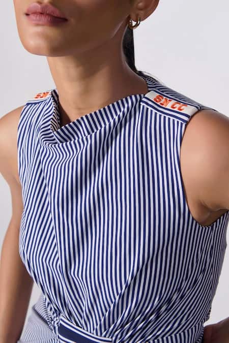 S&N By Shantnu Nikhil Blue Polyester Round Neck Asymmetric Hem Stripe Print Dress Online at Aza Fashions S&N By Shantnu Nikhil_Blue Polyester Round Neck Asymmetric Hem Stripe Print Dress_Online_at_Aza_Fashions