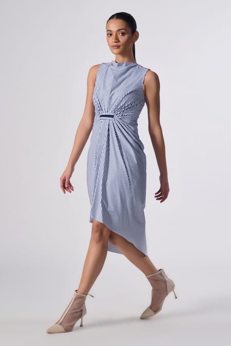 Buy S&N By Shantnu Nikhil Blue Polyester Round Neck Asymmetric Hem Stripe Print Dress Online at Aza Fashions Buy_S&N By Shantnu Nikhil_Blue Polyester Round Neck Asymmetric Hem Stripe Print Dress_Online_at_Aza_Fashions