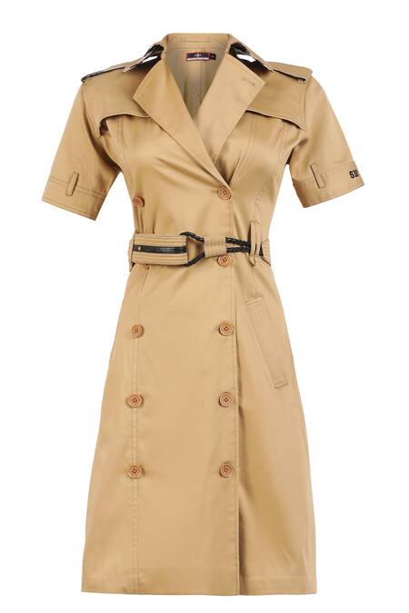 S&N By Shantnu Nikhil_Beige Lycra, Terrycloth Collared Plain Midi Dress_Online_at_Aza_Fashions