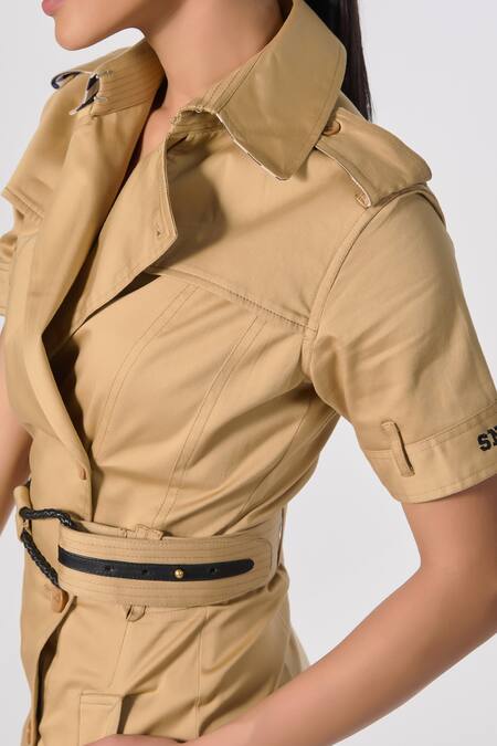 Buy_S&N By Shantnu Nikhil_Beige Lycra, Terrycloth Collared Plain Midi Dress_Online_at_Aza_Fashions