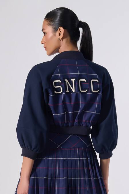 Shop S&N By Shantnu Nikhil Blue Cotton Embroidery Collared Chequered Print Varsity Jacket at Aza Fashions Shop_S&N By Shantnu Nikhil_Blue Cotton Embroidery Collared Chequered Print Varsity Jacket_at_Aza_Fashions