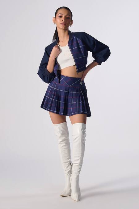 S&N By Shantnu Nikhil Blue Cotton Embroidery Collared Chequered Print Varsity Jacket Online at Aza Fashions S&N By Shantnu Nikhil_Blue Cotton Embroidery Collared Chequered Print Varsity Jacket_Online_at_Aza_Fashions