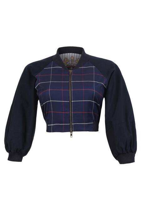 Buy S&N By Shantnu Nikhil Blue Cotton Embroidery Collared Chequered Print Varsity Jacket Online at Aza Fashions Buy_S&N By Shantnu Nikhil_Blue Cotton Embroidery Collared Chequered Print Varsity Jacket_Online_at_Aza_Fashions