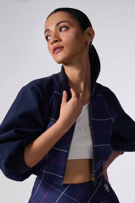 Shop S&N By Shantnu Nikhil Blue Cotton Embroidery Collared Chequered Print Varsity Jacket Online at Aza Fashions Shop_S&N By Shantnu Nikhil_Blue Cotton Embroidery Collared Chequered Print Varsity Jacket_Online_at_Aza_Fashions