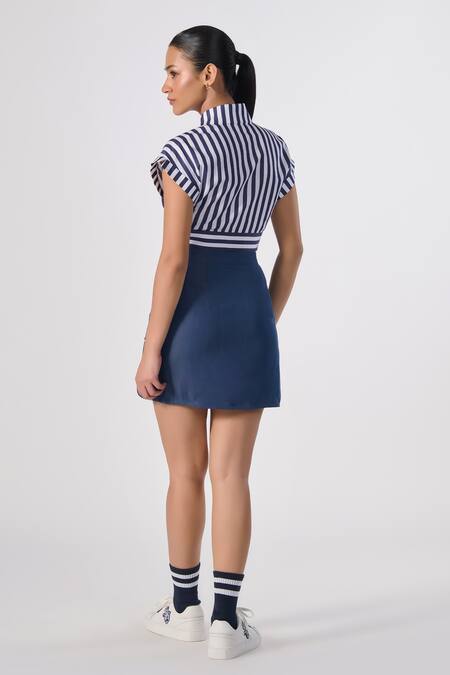 Shop S&N By Shantnu Nikhil Blue Cotton, Polyester Embroidery V-neck Stripe Print Cropped Top at Aza Fashions Shop_S&N By Shantnu Nikhil_Blue Cotton, Polyester Embroidery V-neck Stripe Print Cropped Top_at_Aza_Fashions