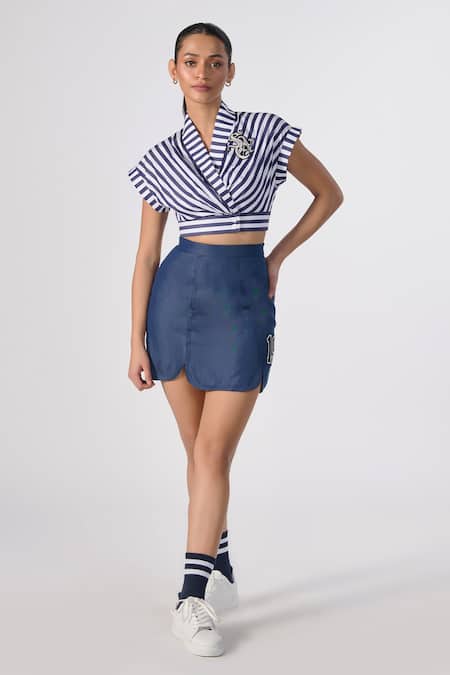 S&N By Shantnu Nikhil Blue Cotton, Polyester Embroidery V-neck Stripe Print Cropped Top Online at Aza Fashions S&N By Shantnu Nikhil_Blue Cotton, Polyester Embroidery V-neck Stripe Print Cropped Top_Online_at_Aza_Fashions