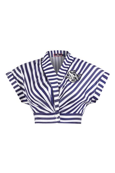 Buy S&N By Shantnu Nikhil Blue Cotton, Polyester Embroidery V-neck Stripe Print Cropped Top Online at Aza Fashions Buy_S&N By Shantnu Nikhil_Blue Cotton, Polyester Embroidery V-neck Stripe Print Cropped Top_Online_at_Aza_Fashions