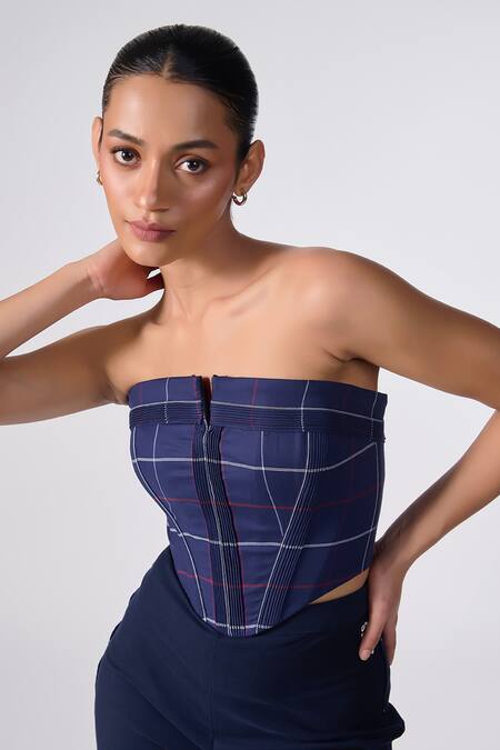 S&N by Shantnu Nikhil Blue Cotton Print Chequered Strapless Structured Corset Top