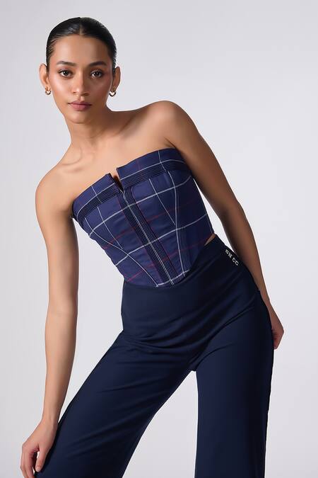 Shop S&N By Shantnu Nikhil Blue Cotton Bandeau Neck Structured Corset Top Online at Aza Fashions Shop_S&N By Shantnu Nikhil_Blue Cotton Bandeau Neck Structured Corset Top_Online_at_Aza_Fashions