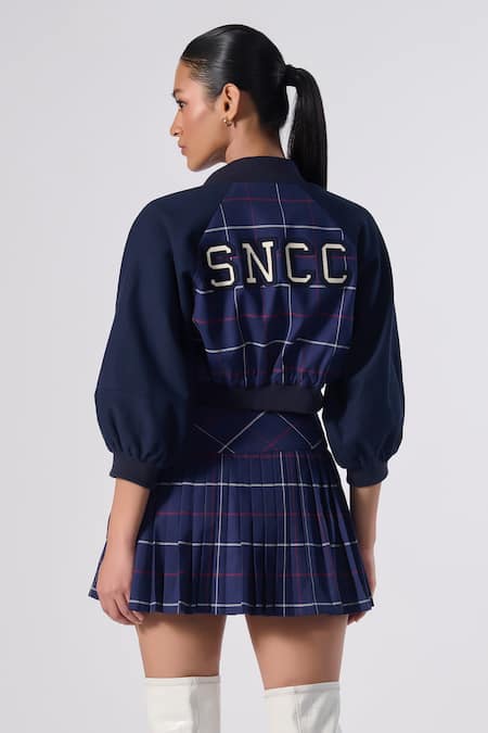 Shop_S&N By Shantnu Nikhil_Blue Cotton Embroidery Plaid Print Skirt _at_Aza_Fashions