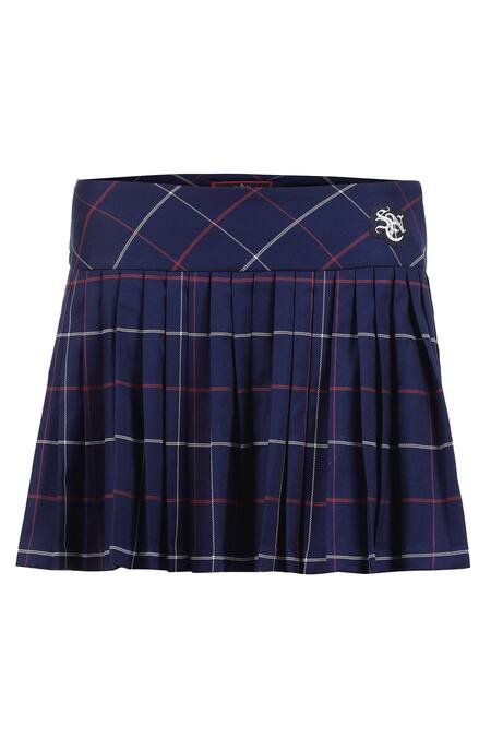 S&N By Shantnu Nikhil_Blue Cotton Embroidery Plaid Print Skirt _Online_at_Aza_Fashions