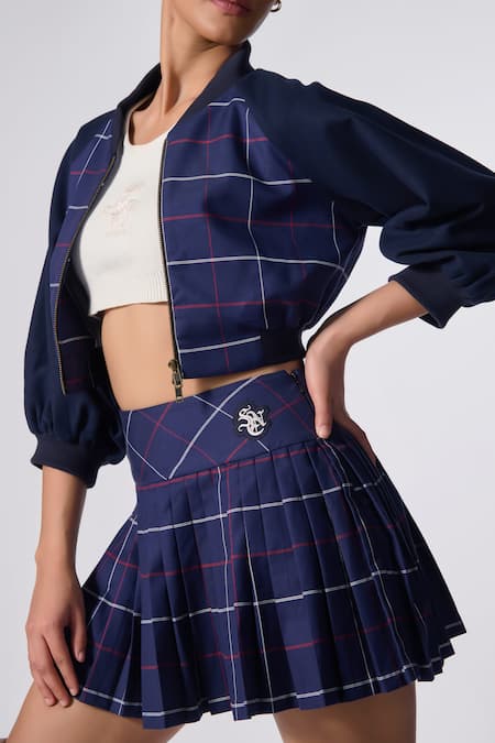 Buy_S&N By Shantnu Nikhil_Blue Cotton Embroidery Plaid Print Skirt _Online_at_Aza_Fashions