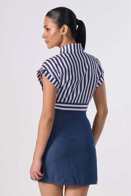 Shop_S&N By Shantnu Nikhil_Blue Denim, Lycra Embroidery Numerical Applique Skirt _at_Aza_Fashions