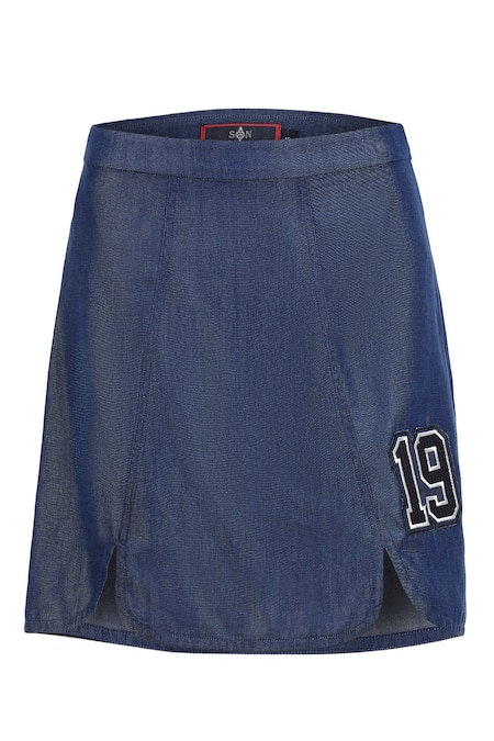 S&N By Shantnu Nikhil_Blue Denim, Lycra Embroidery Numerical Applique Skirt _Online_at_Aza_Fashions
