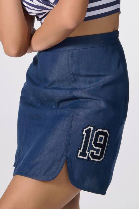 Buy_S&N By Shantnu Nikhil_Blue Denim, Lycra Embroidery Numerical Applique Skirt _Online_at_Aza_Fashions