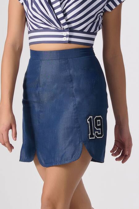 Shop_S&N By Shantnu Nikhil_Blue Denim, Lycra Embroidery Numerical Applique Skirt _Online_at_Aza_Fashions