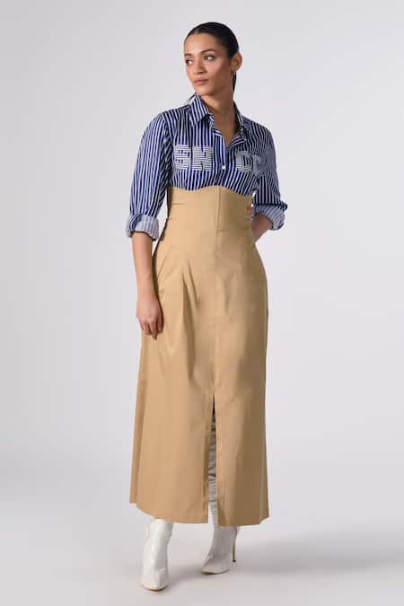 Shop S&N By Shantnu Nikhil Beige Lycra, Terrycloth Corseted Plain Skirt Online at Aza Fashions Shop_S&N By Shantnu Nikhil_Beige Lycra, Terrycloth Corseted Plain Skirt_Online_at_Aza_Fashions